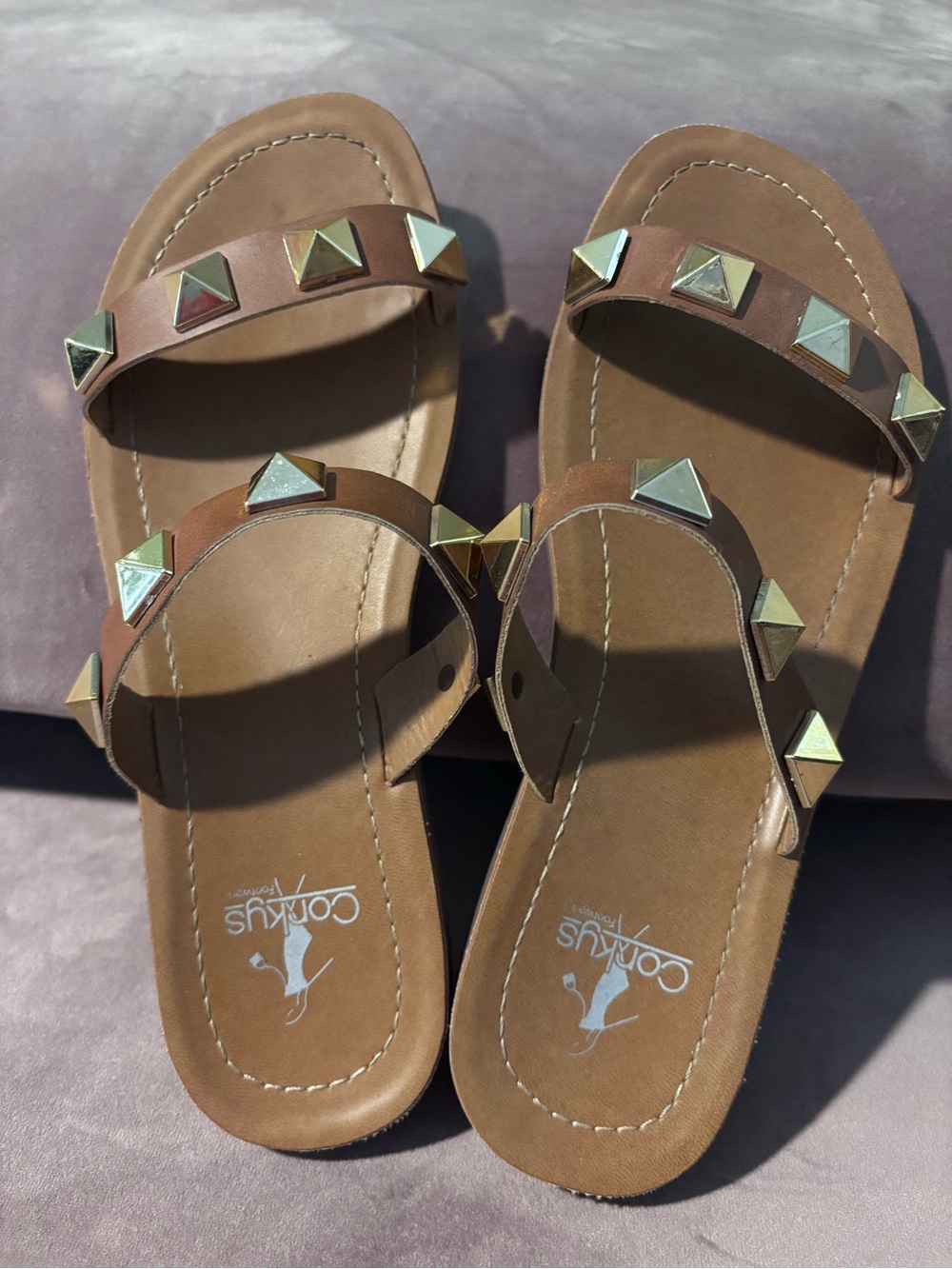 Corkys Tan Slide Sandals with Gold Pyramid Studs